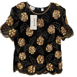 VINTAGE STENAY Blouse Top 100% Silk Black with Gold Sequin Women Plus Size 18